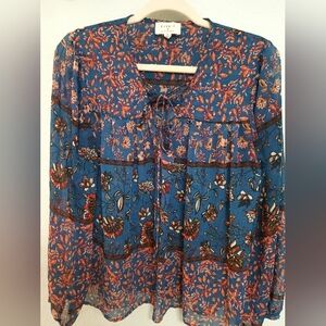 Everly Blue Floral Long Sleeve Sheer Medium Blouse EUC